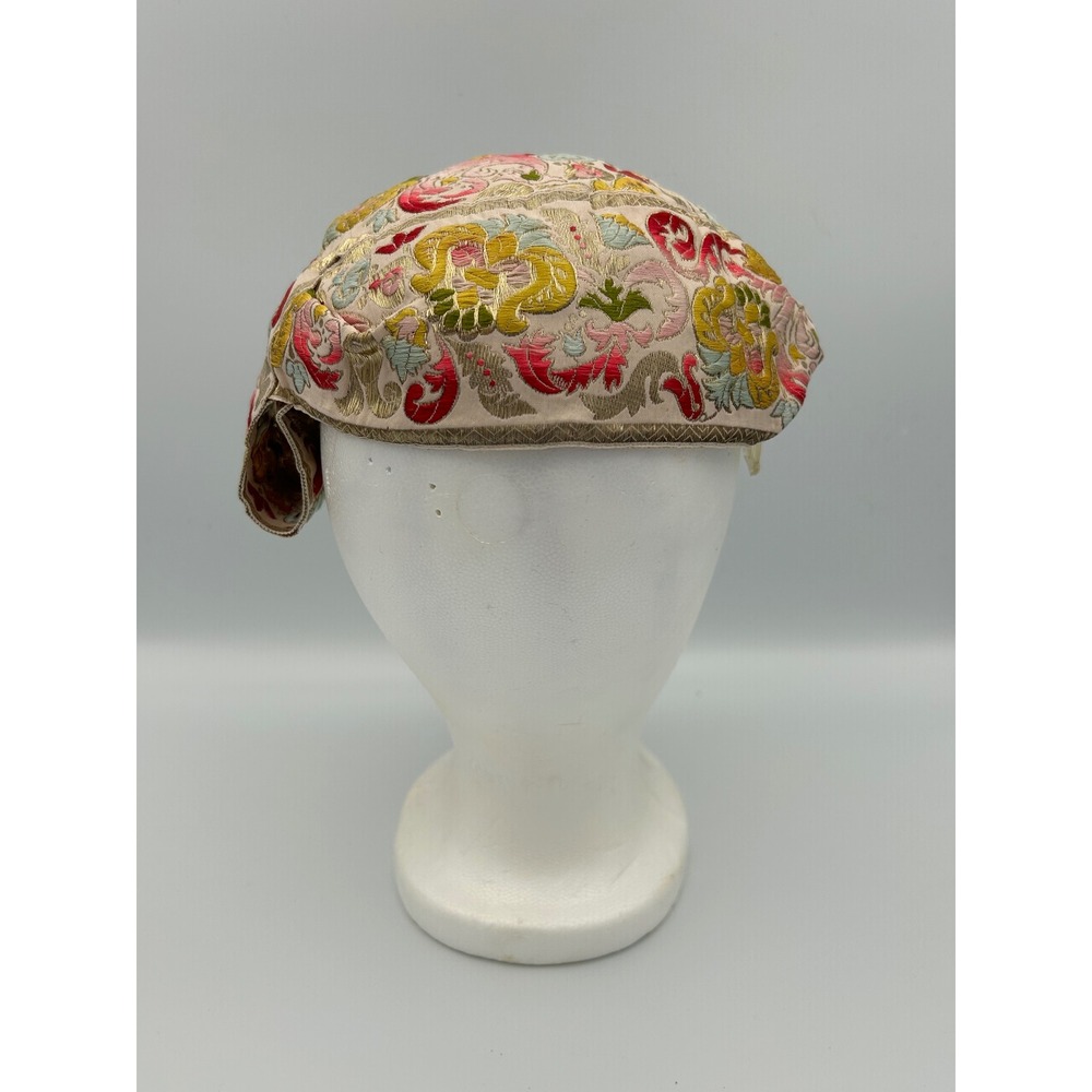 Vintage Jo Bailey Hats Embroidered Floral Pillbox Fascinator Gold Metallic Pink - Picture 4 of 13